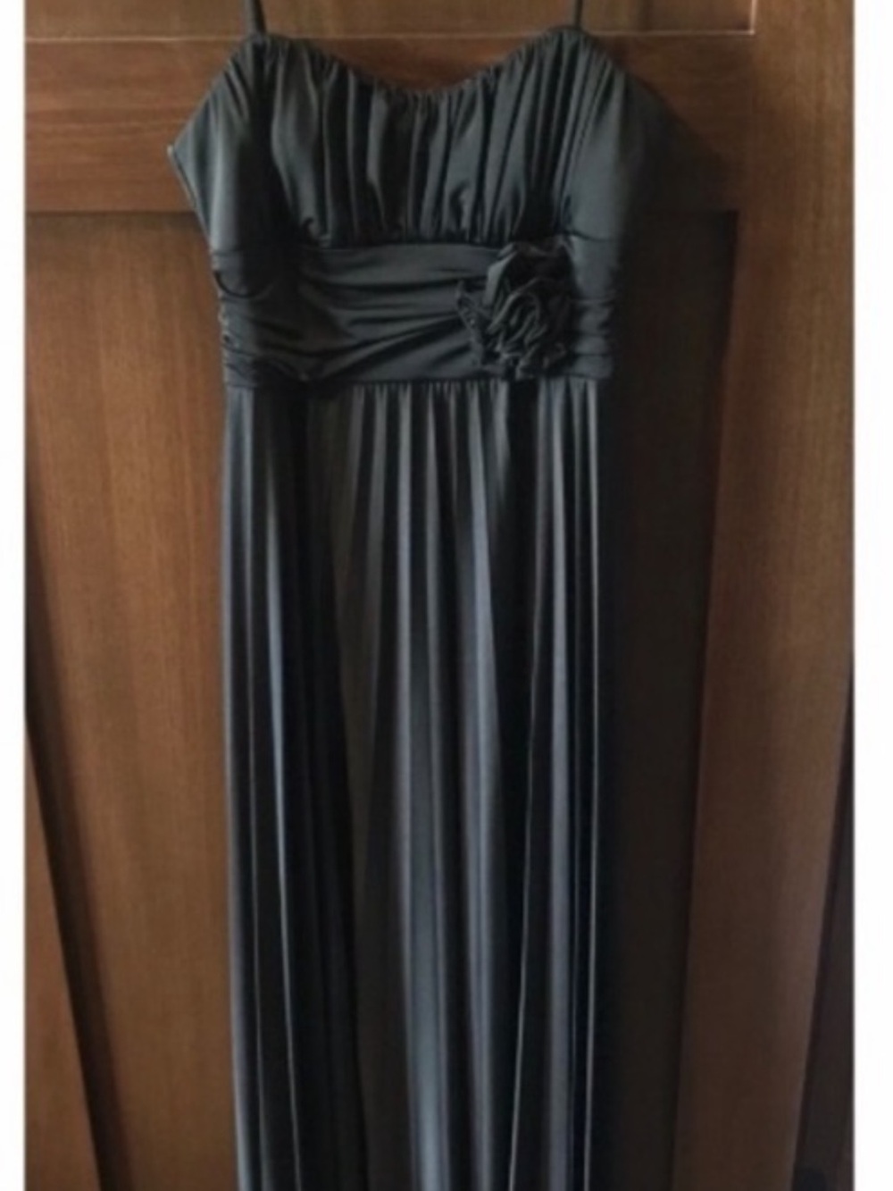 Long elegant black dress, stretchy, glamorous, flattering.
